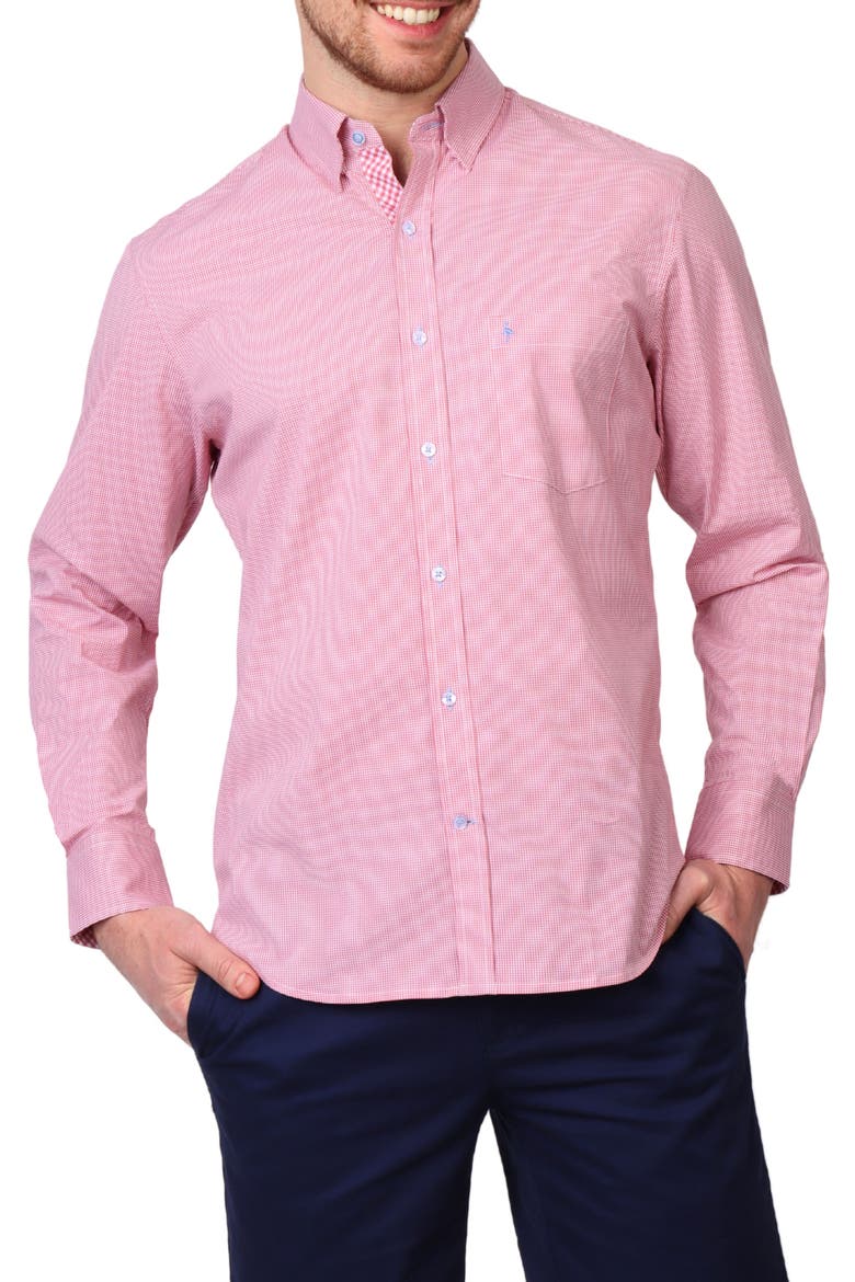 Micro Gingham Stretch Cotton Button-Up Shirt, Alternate, color, SUNWASHED RED
