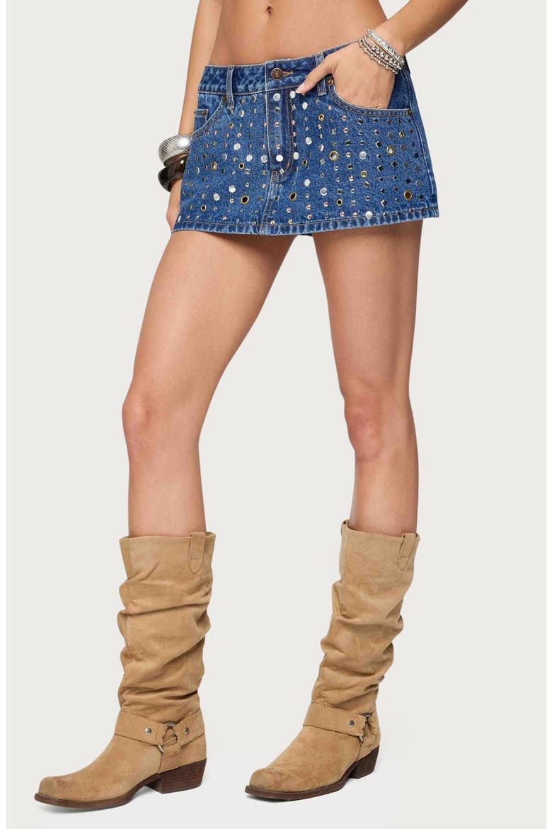Studded Grommet Low Rise Denim Miniskort, Alternate, color, BLUE-WASHED