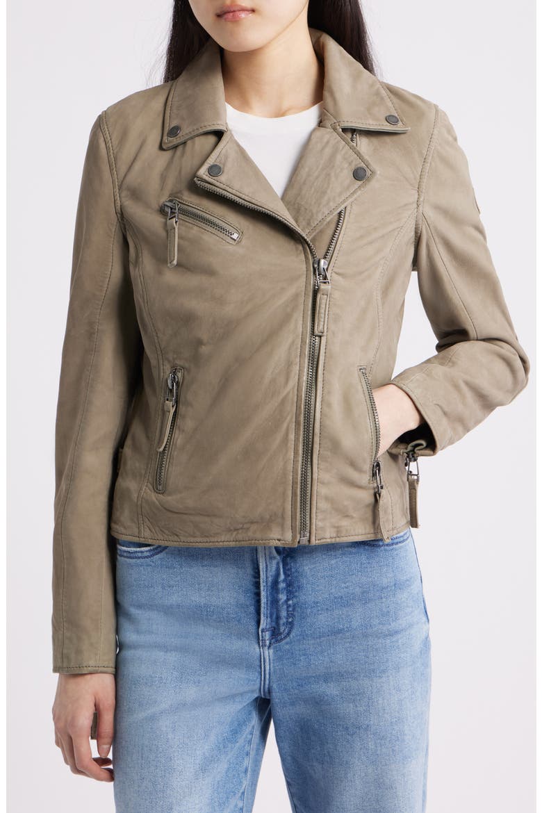 Misty Star Back Detail Leather Moto Jacket, Main, color, SAGE
