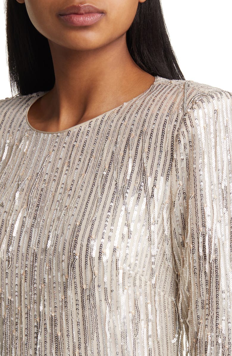 Eliza J Sequin Fringed Long Sleeve Cocktail Dress, Alternate, color, Silver