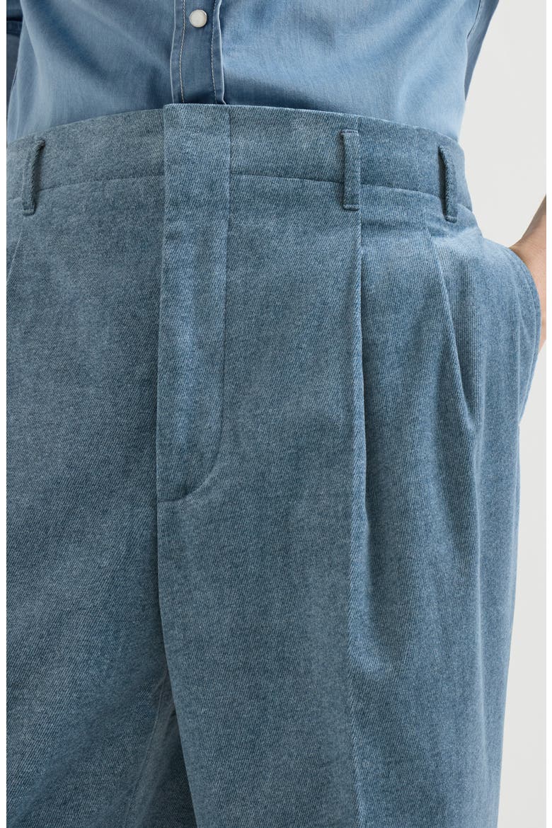 Denim-effect cotton velvet trousers with double pleats, Alternate, color, Cerulean