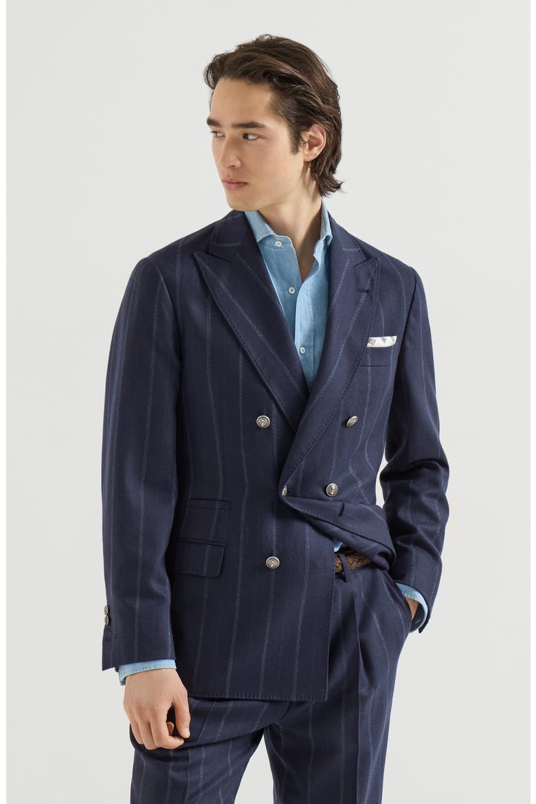 Cashmere and virgin wool multistripe twill one-and-a-half breasted deconstructed blazer with metal buttons, Main, color, Navy Blue