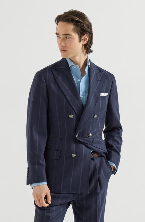 Cashmere and virgin wool multistripe twill one-and-a-half breasted deconstructed blazer with metal buttons