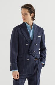 Brunello Cucinelli Cashmere and virgin wool multistripe twill one-and-a-half breasted deconstructed blazer with metal buttons