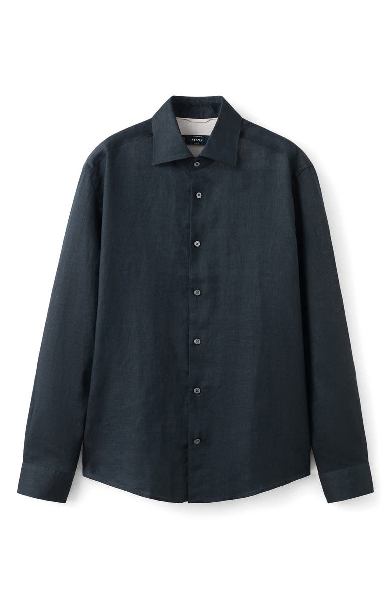 MANGO Slim Fit Linen Button-Up Shirt, Alternate, color, Navy