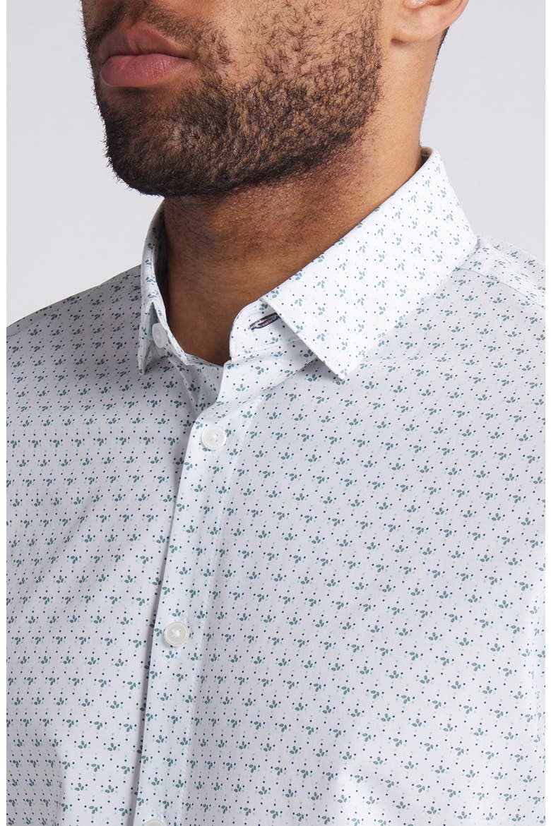 Leeward Trim Fit No Tuck Print Performance Button-Up Shirt, Alternate, color, SEA SPRAY DOTTED LEAVES