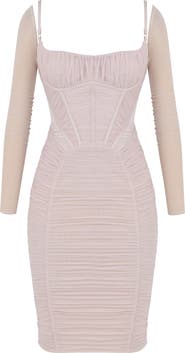 HOUSE OF CB Freyja Satin Ruched Long Sleeve Body-Con Dress