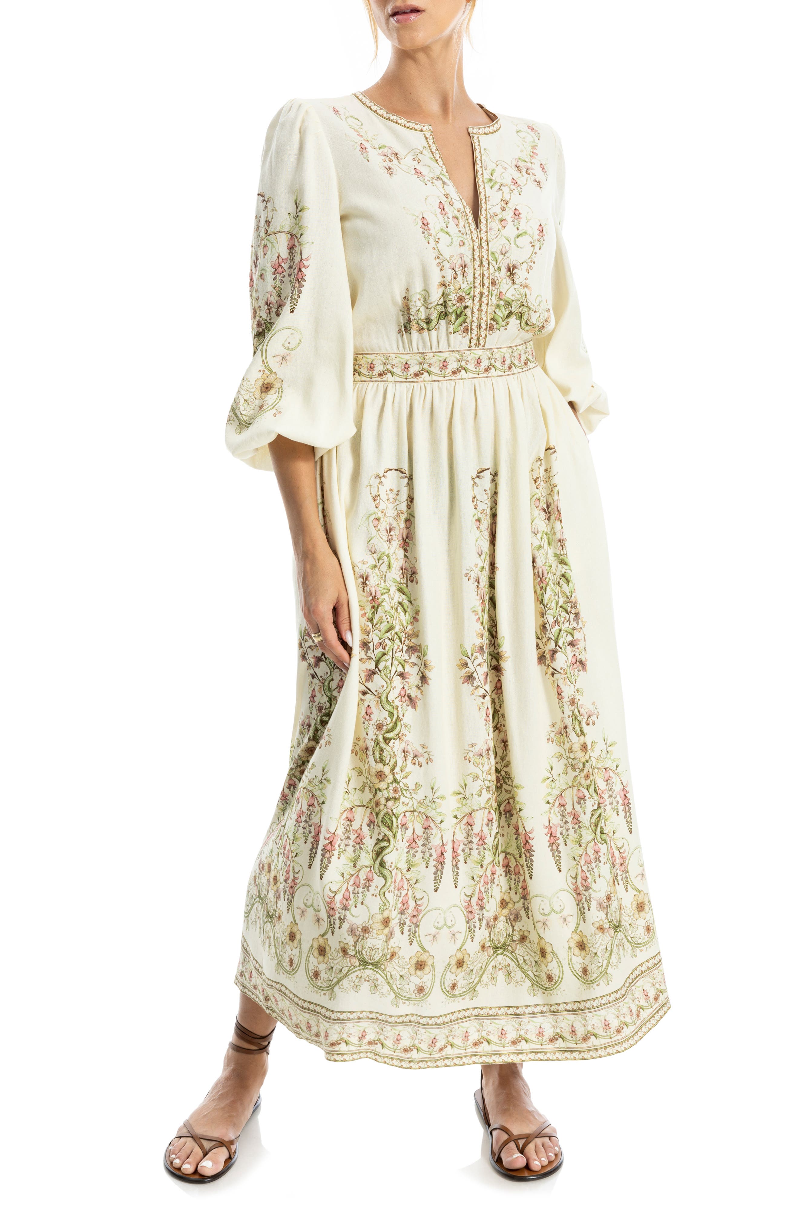 MAX STUDIO Lemon Print Balloon Sleeve Maxi Dress