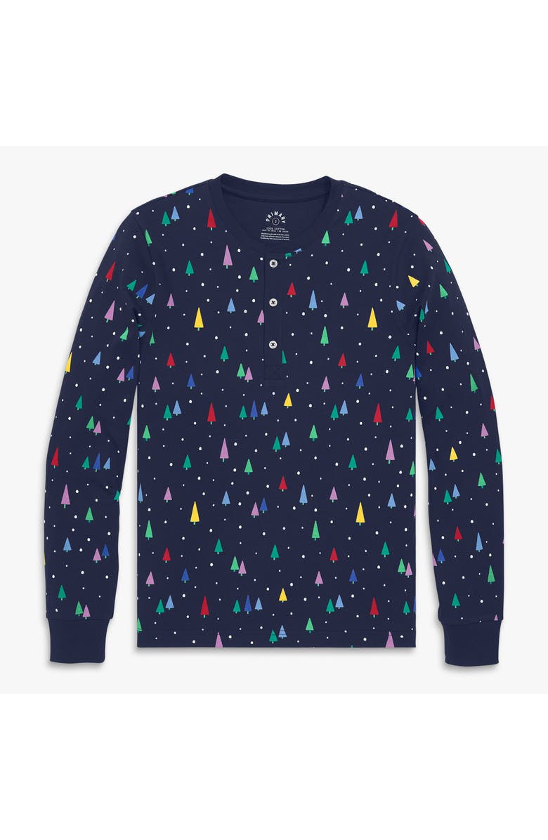 Primary Adult Organic Long Sleeve Henley Pj Top In Holiday Prints, Main, color, Navy Rainbow Trees