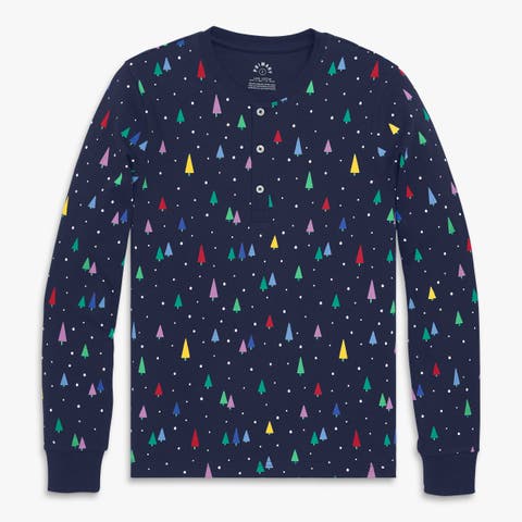 Adult Organic Long Sleeve Henley Pj Top In Holiday Prints (Unisex Fit)