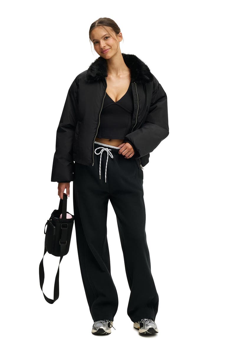 COTTON ON BODY Women's Active The Mother Puffer Faux Fur Collar Bomber, Alternate, color, Black