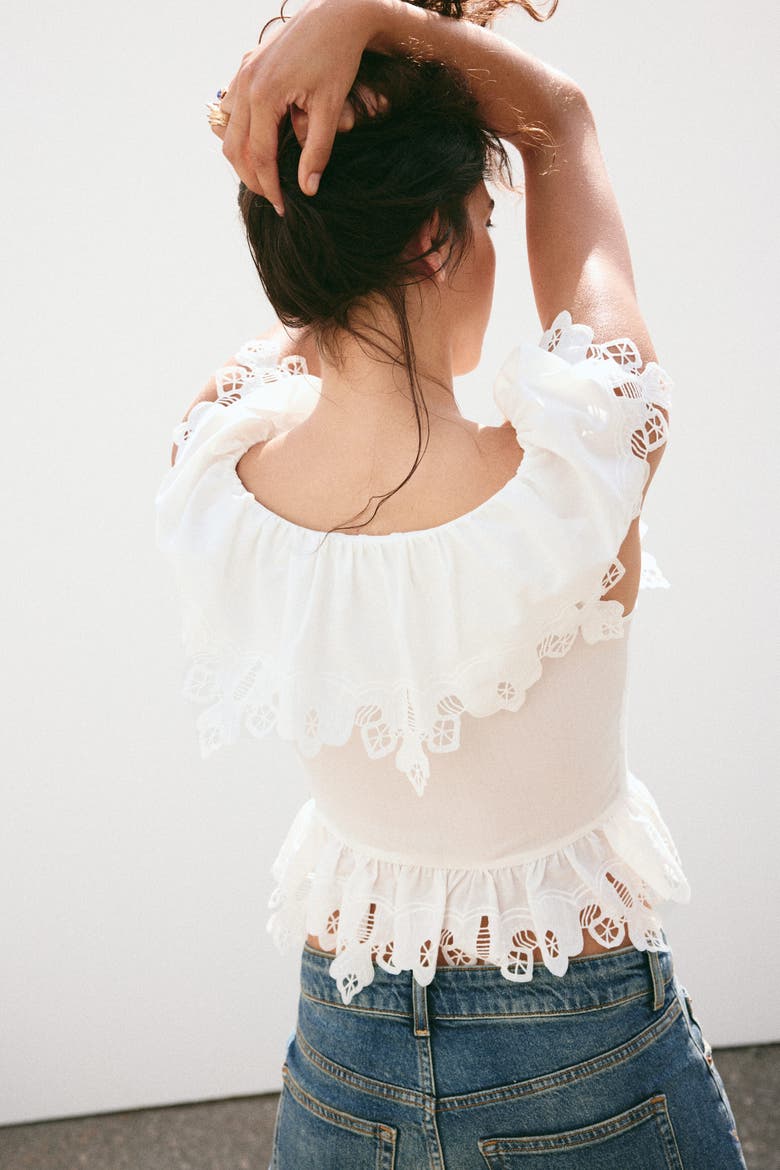 Flounced Eyelet-embroidered Blouse, Alternate, color, White