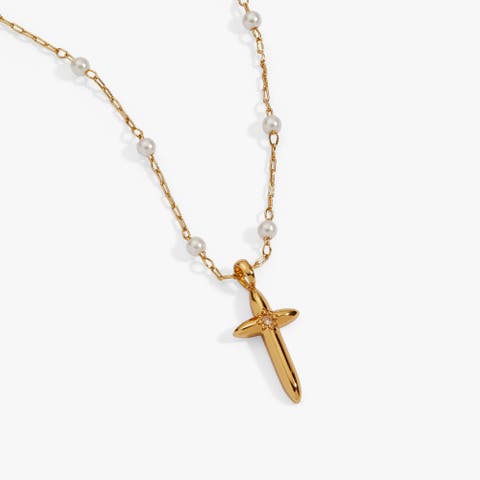 Cross 413 Pearl Rosary Chain Pendant Necklace