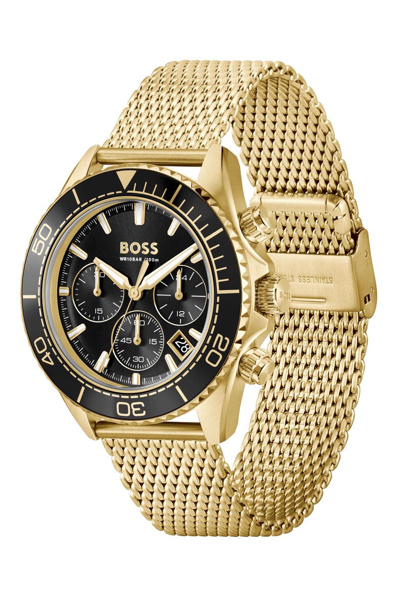 Sealiner Chronograph Goldtone Mesh Strap Watch, 44mm, Alternate, color, BLACK