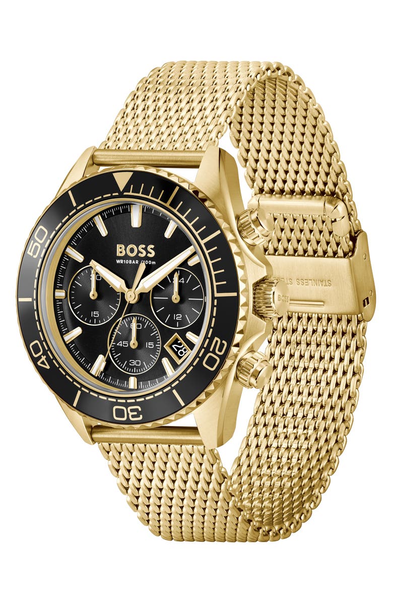BOSS Sealiner Chronograph Goldtone Mesh Strap Watch, 44mm, Alternate, color, 
