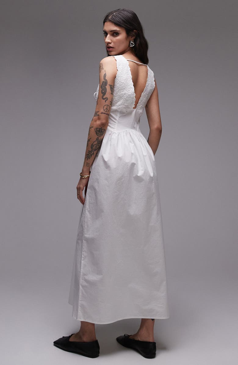 Topshop Embroidered Tie Front Cotton Sundress, Alternate, color, White