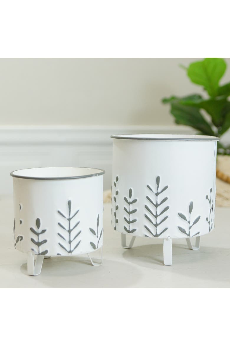 Metal White Embossed Floral Planter on Stand Set of 2, 7.5 Inch Decorative Indoor Planters, Alternate, color, White