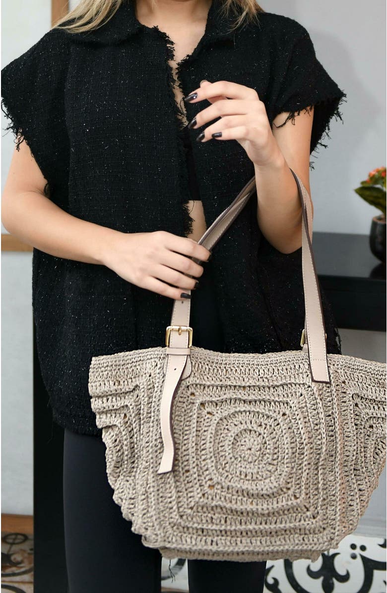 Forever & Always Shoes Giorgia Hand Woven Shoulder Bag with Leather Straps, Alternate, color, Mink Color