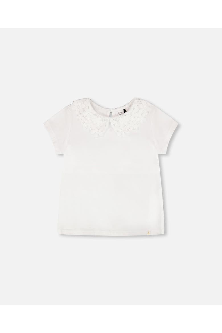 Short Sleeve Crochet Peter Pan Collar T-Shirt, Main, color, White