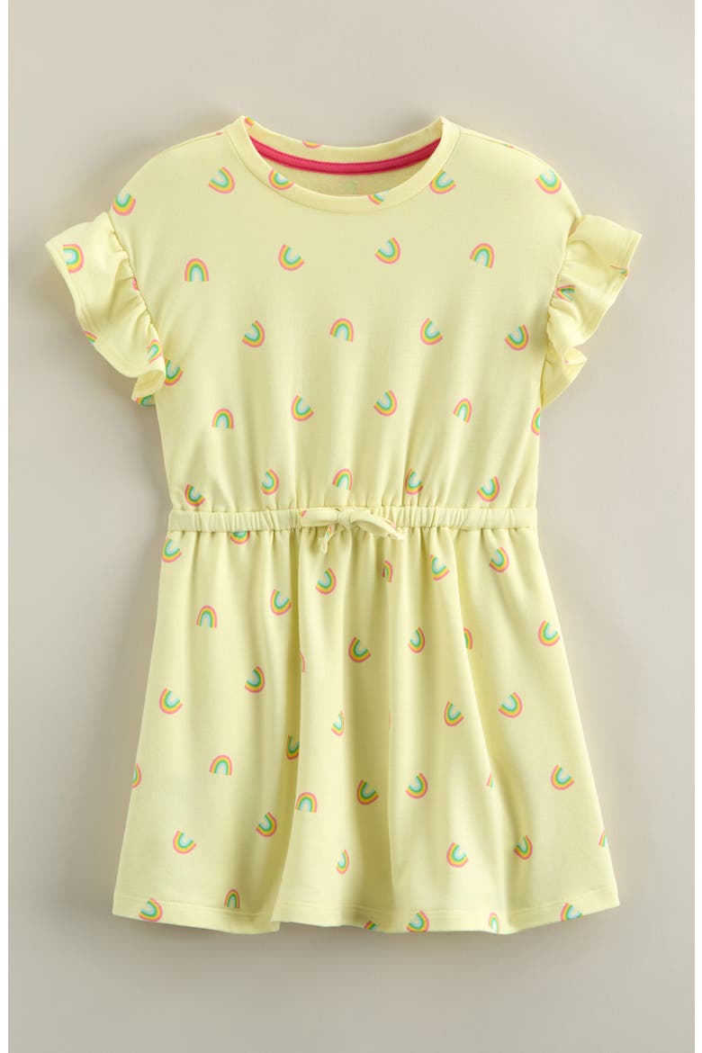 Kids' Print Flutter Sleeve Fleece Dress, Main, color, YELLOW CANDLE RAINBOW DITSY