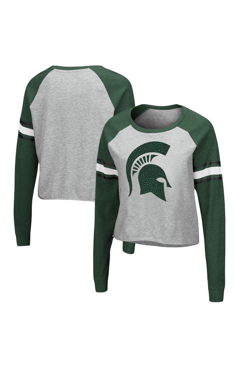 COLOSSEUM Women's Colosseum Heathered Gray/Green Michigan State Spartans Decoder Pin Raglan Long Sleeve T-Shirt, Main, color, 