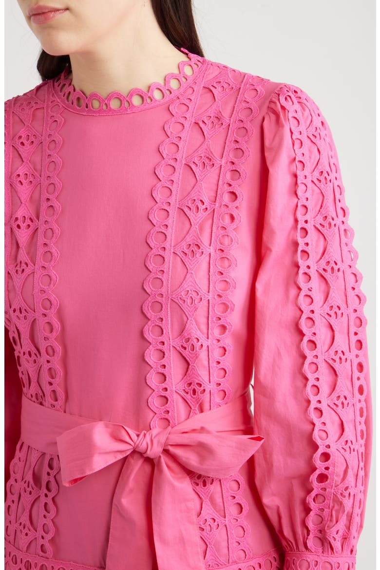 Lace Trim Long Sleeve Cotton Maxi Dress, Alternate, color, HOT PINK