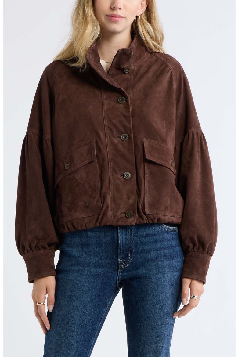 Blouson Suede Leather Jacket, Main, color, BROWN CHICORY