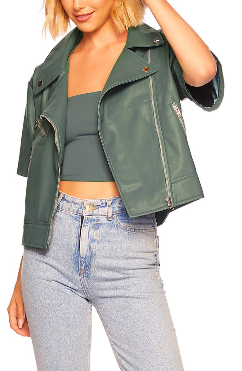 Susana Monaco Short Sleeve Crop Faux Leather Moto Jacket, Alternate, color,