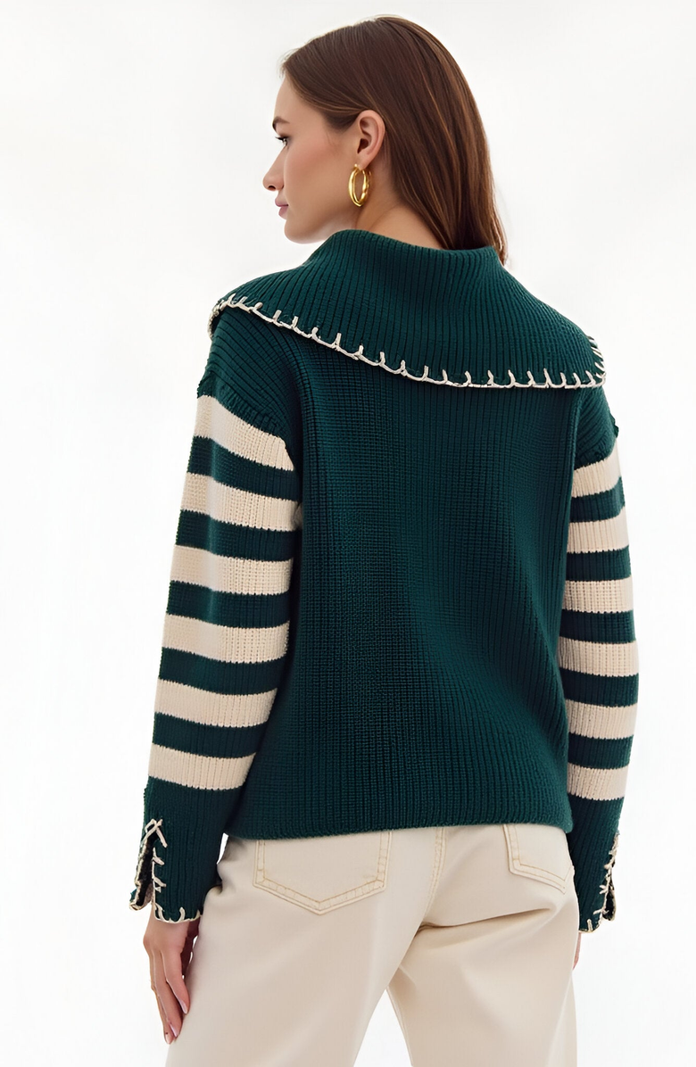 Modenaire Striped Knit Contrast Stitch Collar and Cuffs Sweater, Alternate, color,