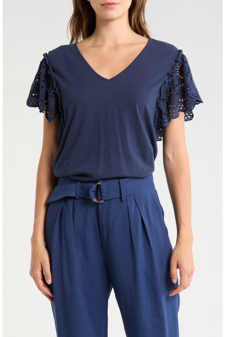 Diana Eyelet Sleeve Top, Main, color, SPRING NAVY SLUB EYELET