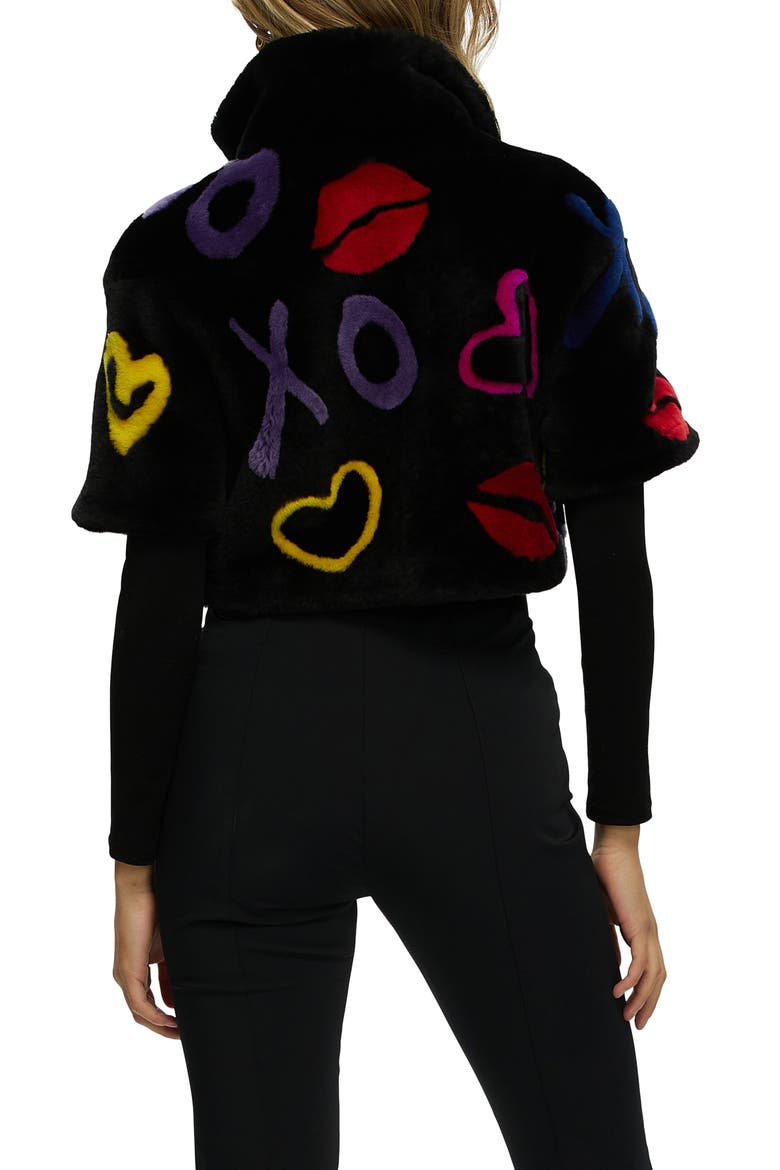 Reversible Genuine Shearling XO Intarsia Bolero with Cropped Sleeves, Alternate, color, BLACK/XO MULTI