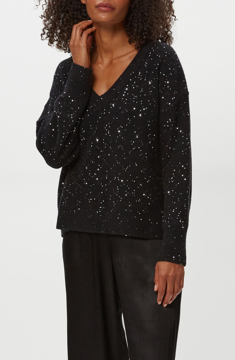 Michael Stars Frances Sequin Embellished V-Neck Sweater, Main, color, Black