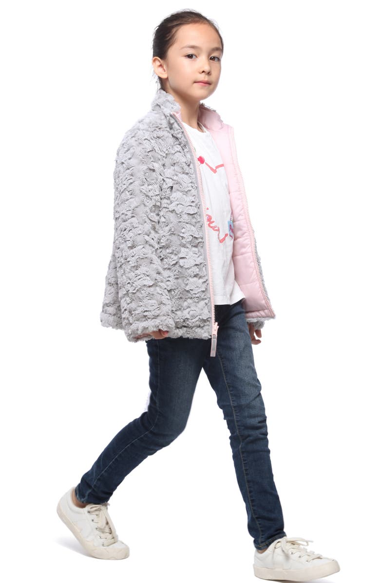 Rokka&Rolla Kids' Reversible Fleece Puffer Jacket, Alternate, color, Frost Gray/ Chalk Pink