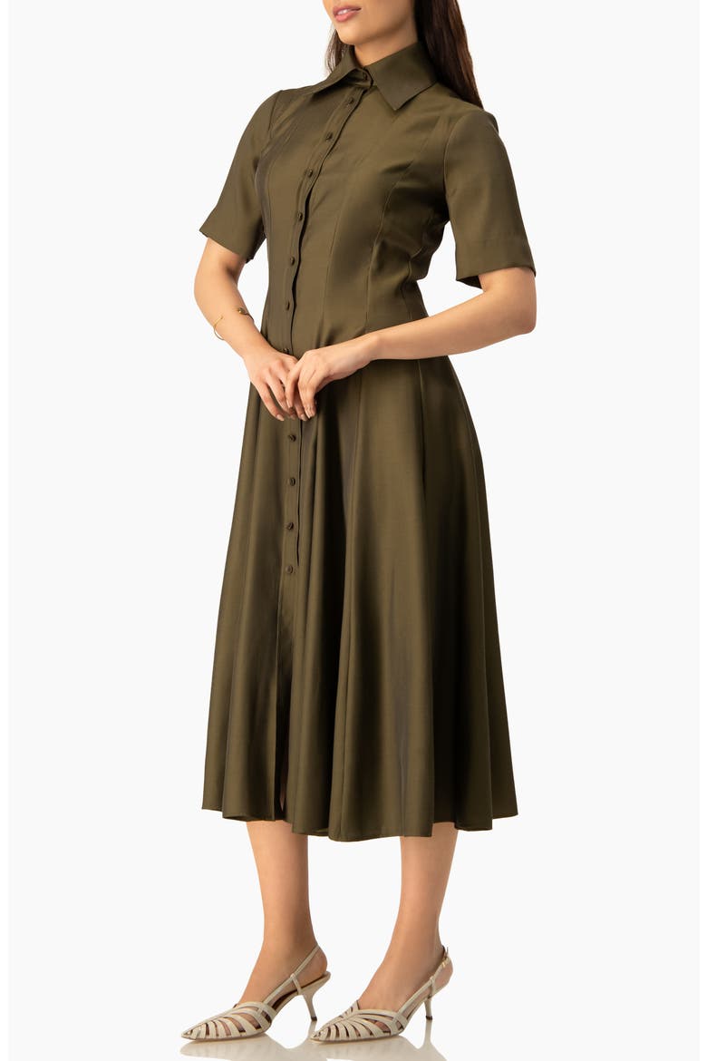 Short Sleeve Midi Dress with Button-Front Fit-and-Flare Shirtdres, Alternate, color, Olive Green