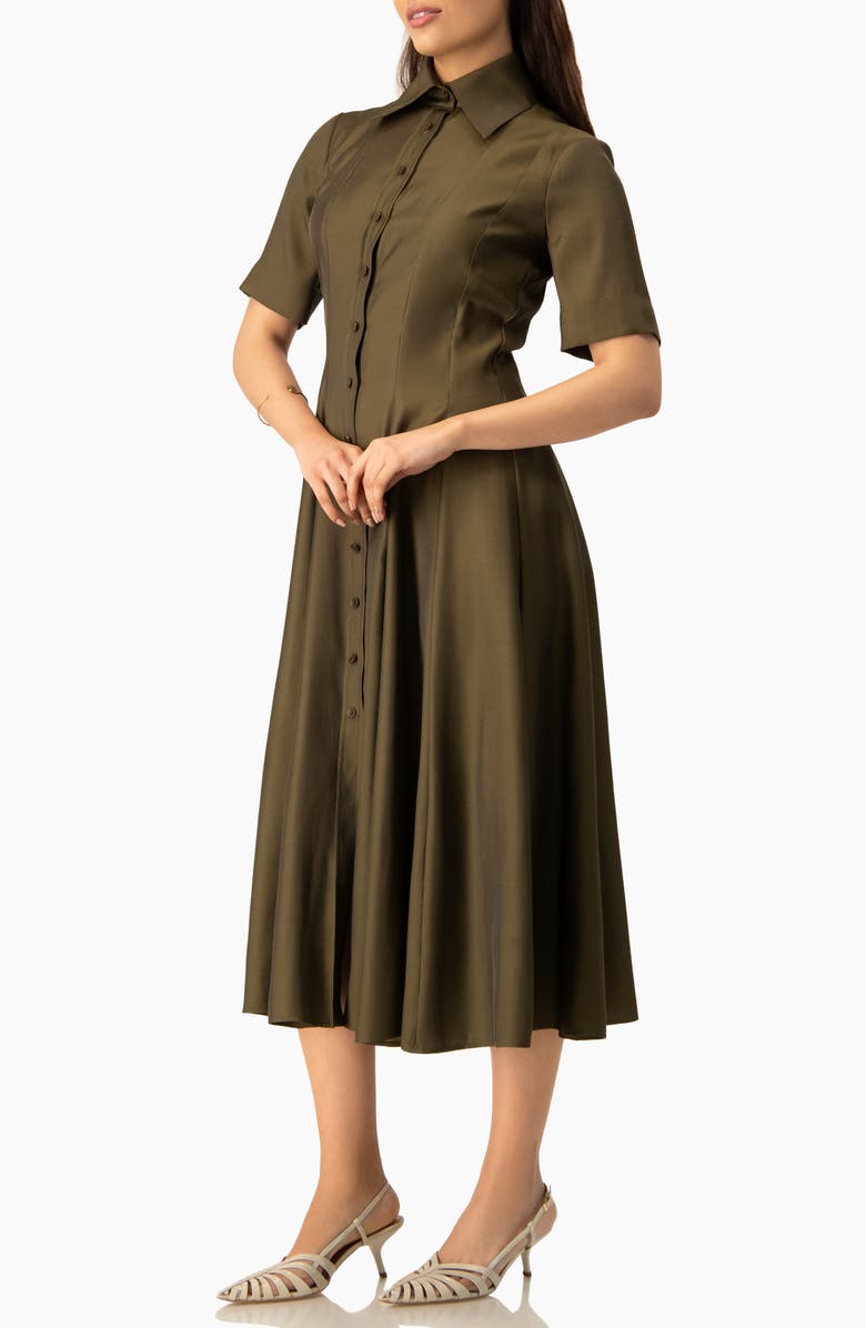 IVONNE Short Sleeve Midi Dress with Button-Front Fit-and-Flare Shirtdres, Alternate, color, Olive Green