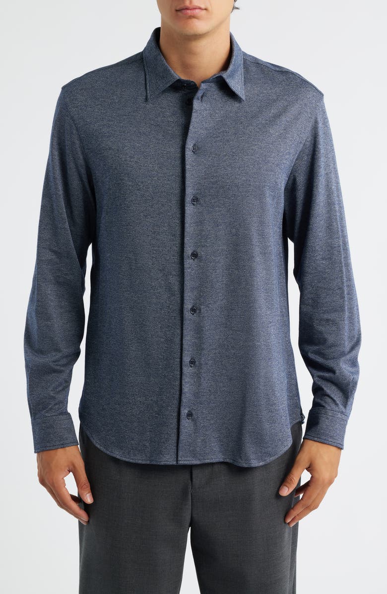 Emporio Armani Heathered Knit Cotton Button-Up Shirt, Main, color, Blue