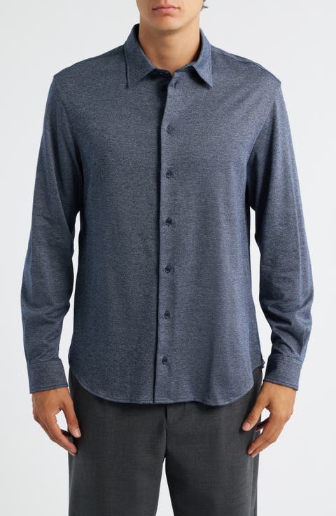 Heathered Knit Cotton Button-Up Shirt