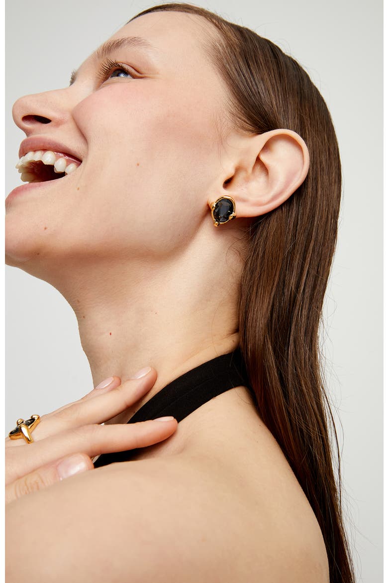 18K Gold-Plated Earrings with Black Faceted Crystal, Alternate, color, Gold