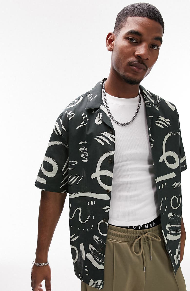 Topman Abstract Print Short Sleeve Button-Up Camp Shirt, Main, color,