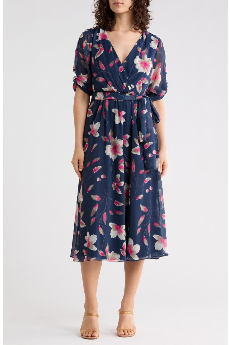 Print Faux Wrap Midi Dress, Main, color, INDIGO MULTI