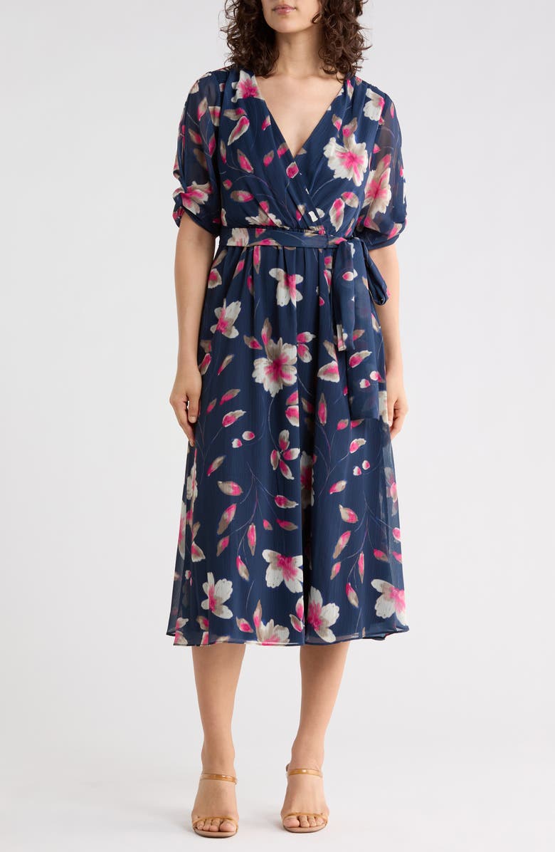 DKNY Print Faux Wrap Midi Dress, Main, color, Indigo Multi