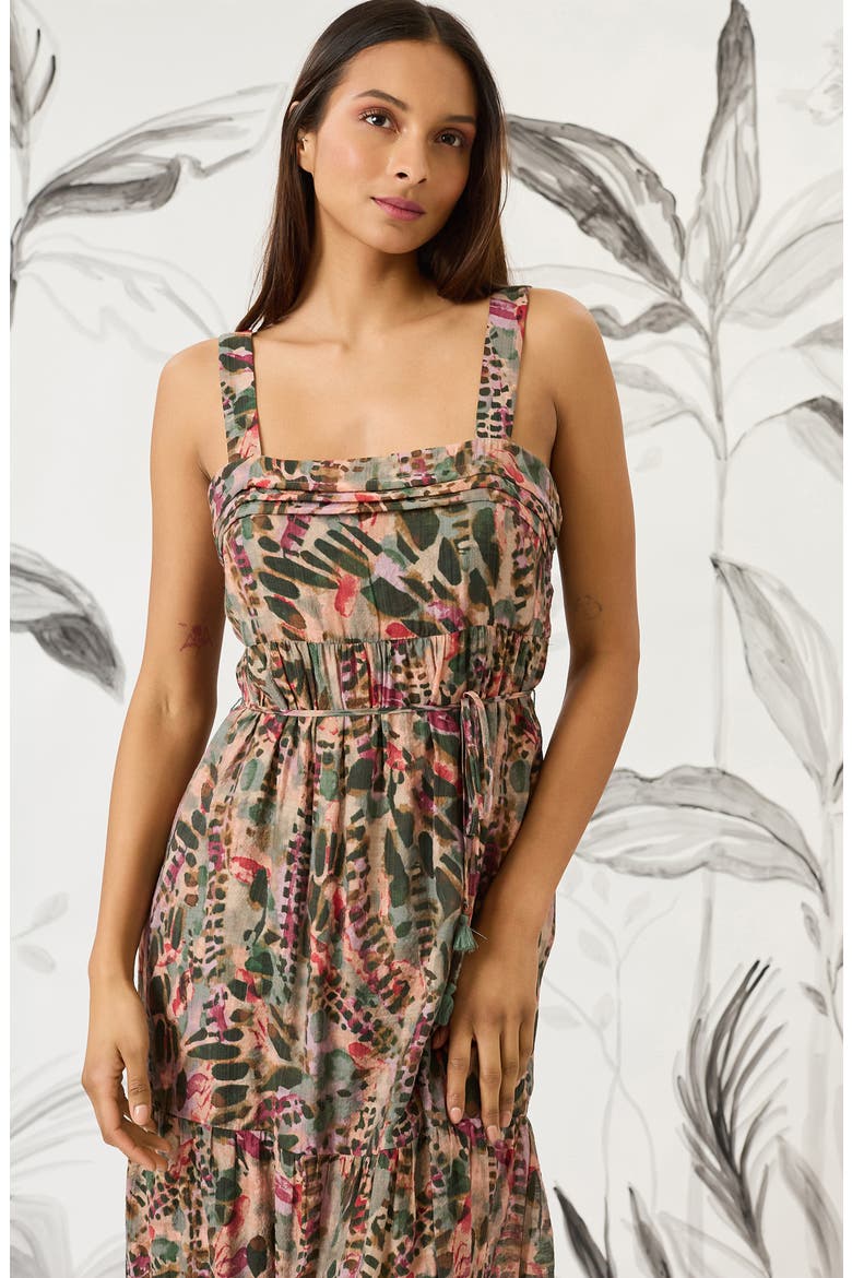 Square Neck Tiered Midi Sundress, Alternate, color, BROWN/ WINE/ CORAL