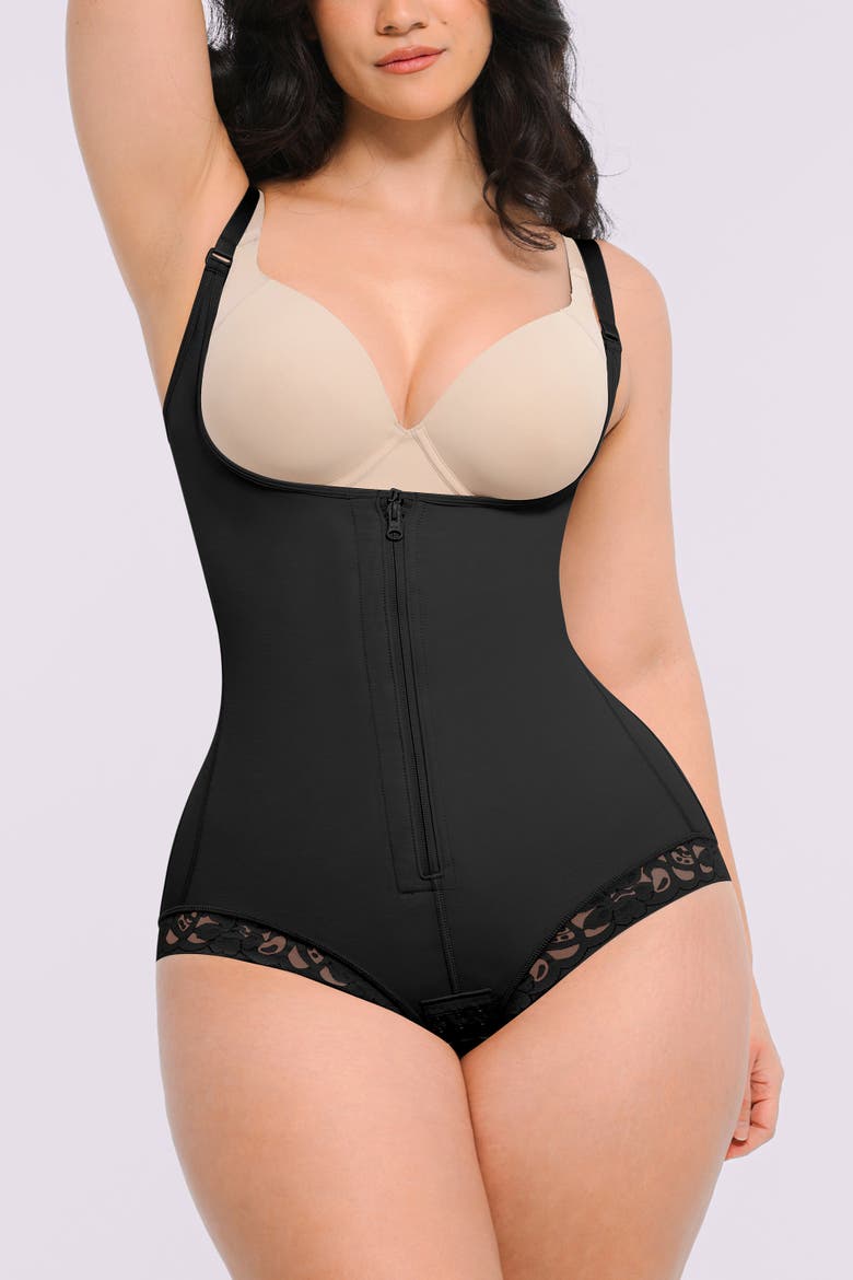 AirSlim® Zipper Front Open Bust Brief Bodysuit, Alternate, color, Jet Black