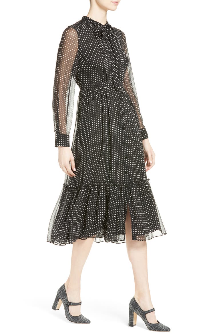 pin dot silk chiffon shirtdress, Alternate, color, BLACK/ CREAM