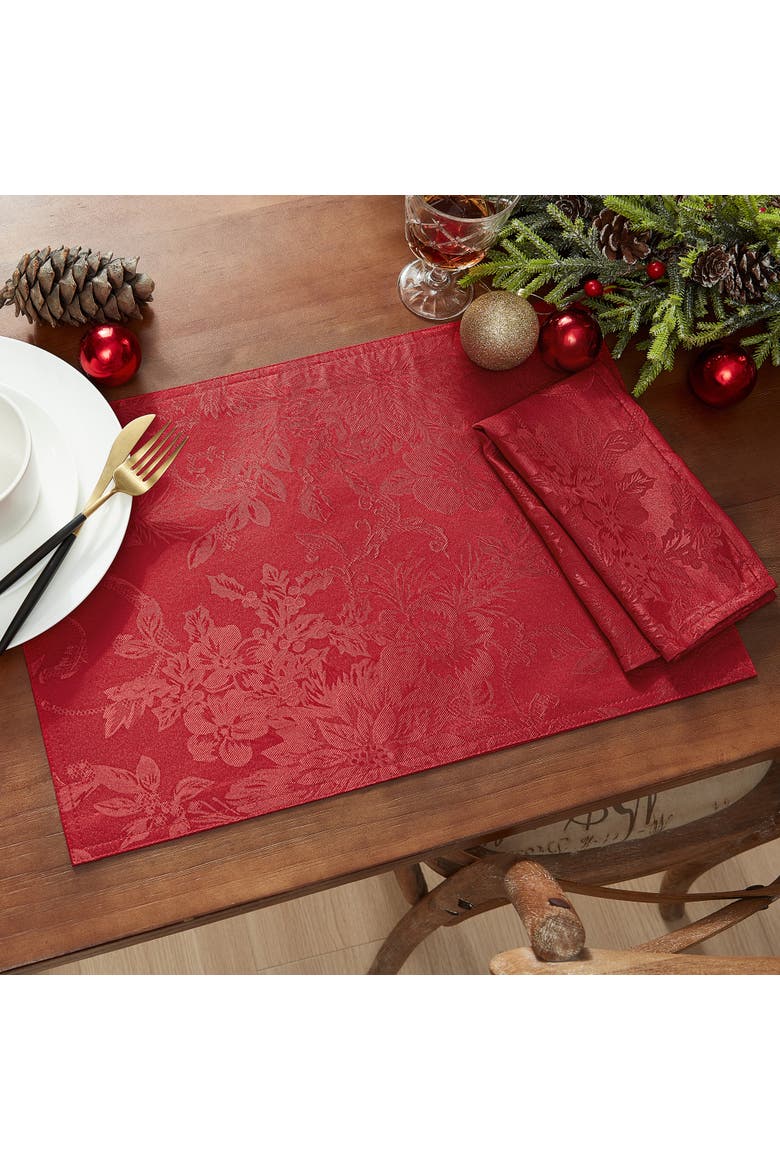 Poinsettia Elegance Jacquard Holiday Placemat, Alternate, color, Red