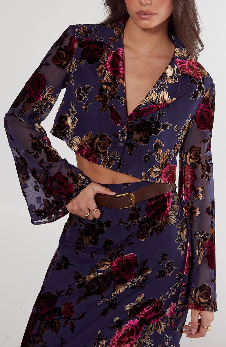 NASTY GAL Floral Devore Crop Shirt, Main, color, Blue