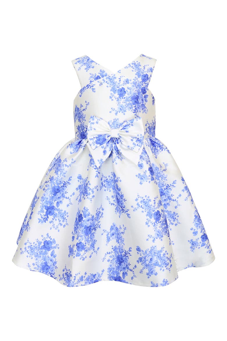 Kids' Bow Front Mikado Party Dress, Main, color, IVORY/ BLUE