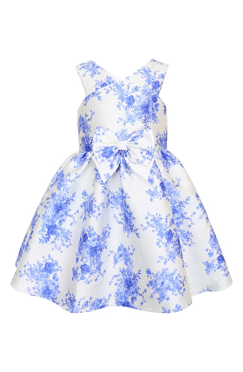 Zunie Kids' Bow Front Mikado Party Dress, Main, color, Ivory/ Blue