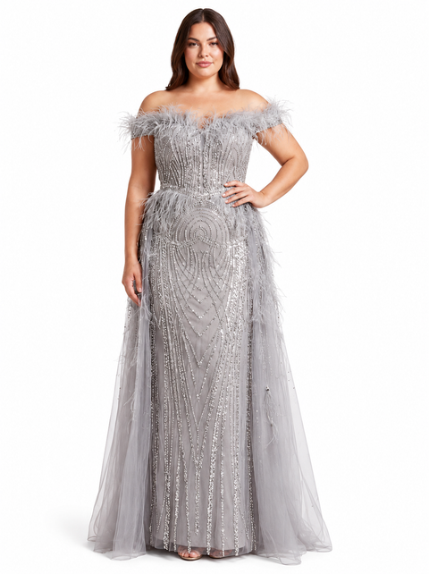Off Shoulder Gown with Feathers
