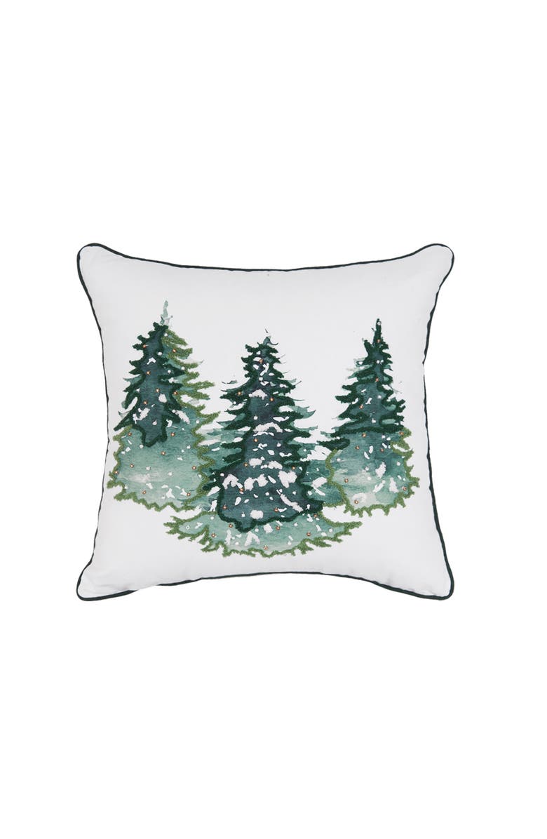 C&F Home Evergreen Trees Embellished 100% Cotton Christmas Accent Throw Pillow 18" x 18", Main, color, White